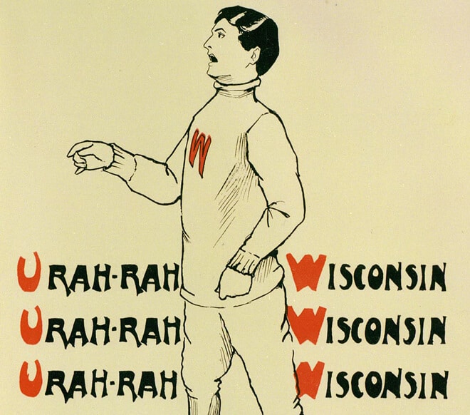 Image from the 1902 Badger of a mascot cheering "U Rah Rah." (Image courtesy of University Archives.)